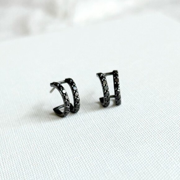 14K BLACK GOLD GEM DOUBLE HOOP EARRINGS - Picture 1 of 12